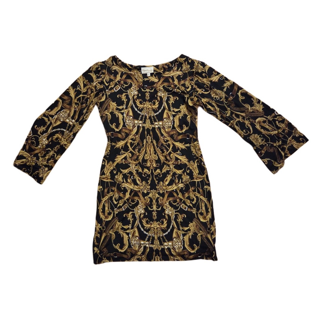 Elysa Suzanne Baroque Print Black and Gold Long Sleeve Dress